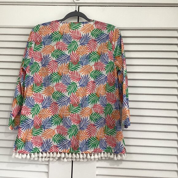 Talbots Petite S Tropical Leaf Print Tunic Top With Tassel Hem - Picture 2 of 12